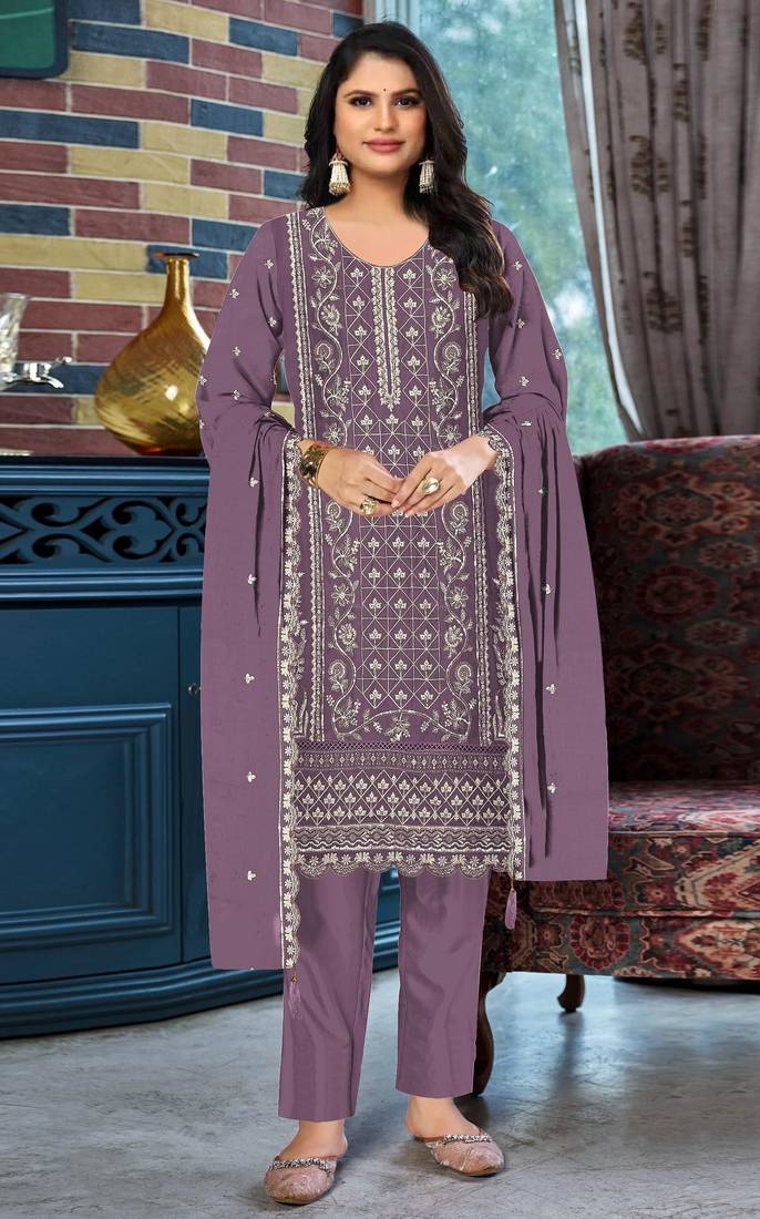 Purple chiffon suit with embroidered & sequin work