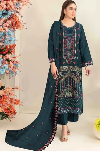 Teal silk semi stitched suit with embroidered & sequence work