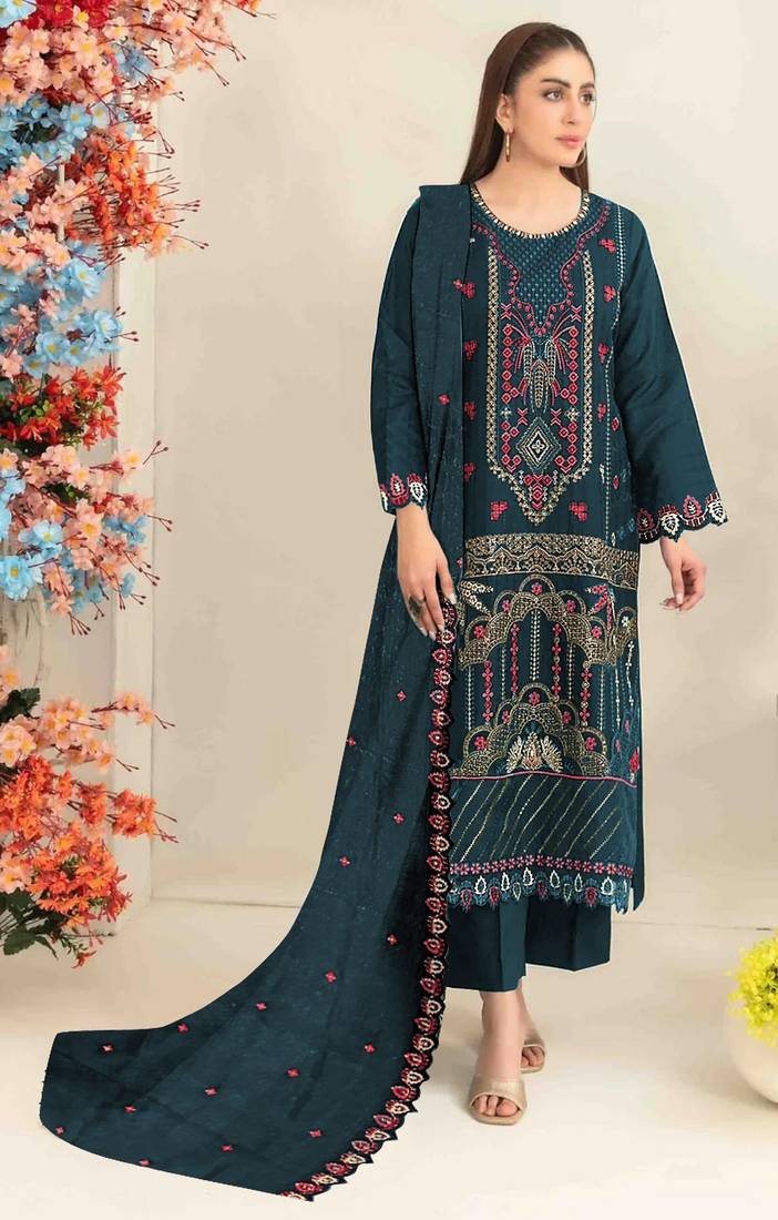 Teal silk semi stitched suit with embroidered & sequence work