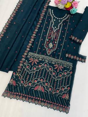 Teal silk suit with embroidered & sequin  2