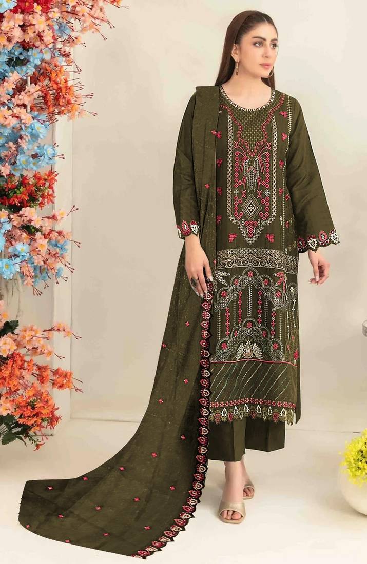 Mehendi silk suit with embroidered & sequin work