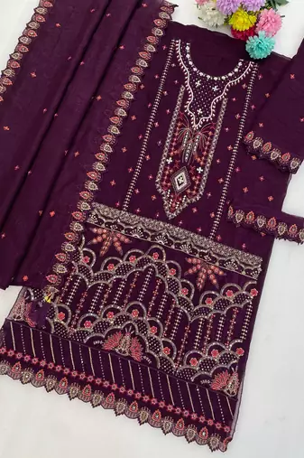 Purple silk suit with embroidered & sequin 