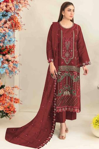 Maroon silk suit with embroidered & sequin work
