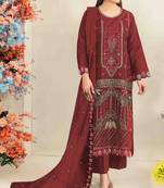 Maroon silk suit with embroidered & sequin work