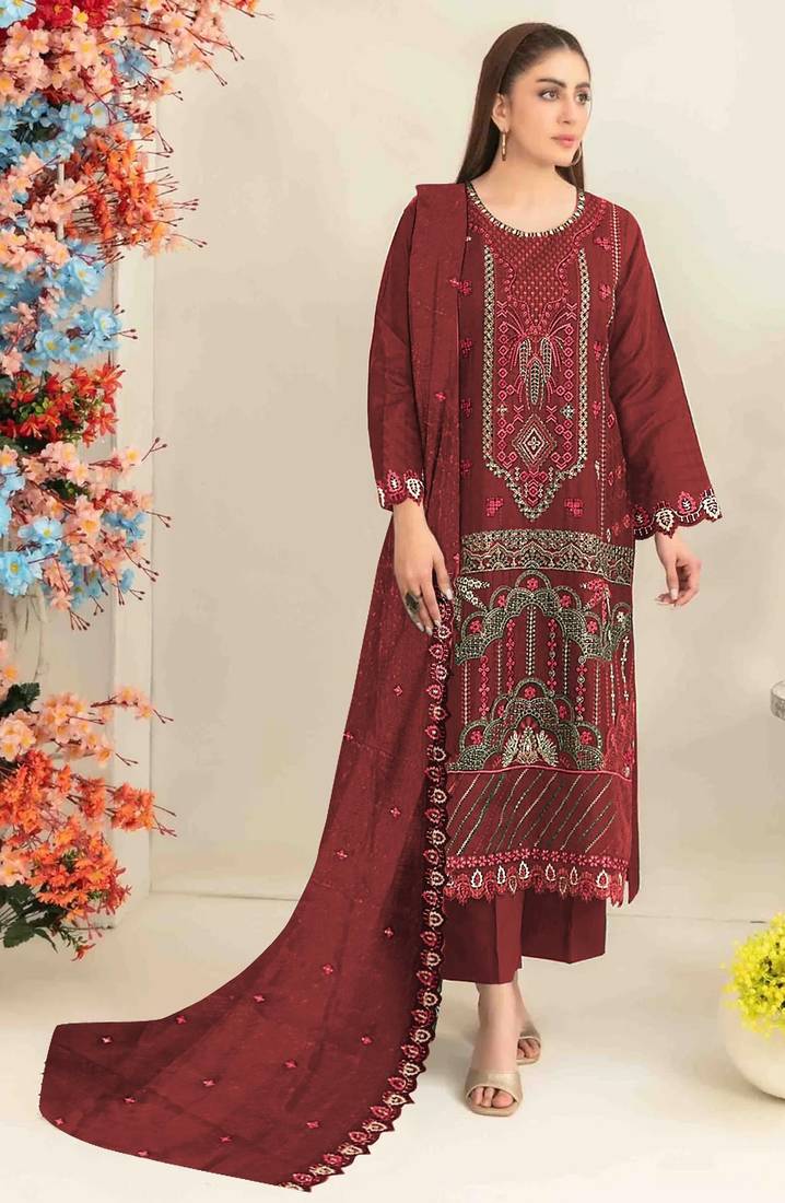 Maroon silk suit with embroidered & sequin work