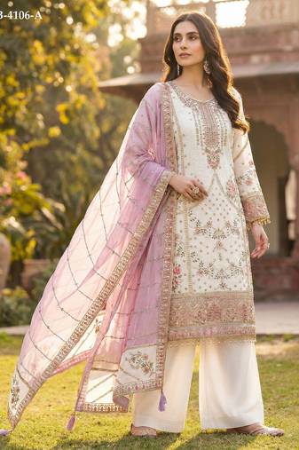 White fox georgette semi stitched suit with embroidery & khatli work