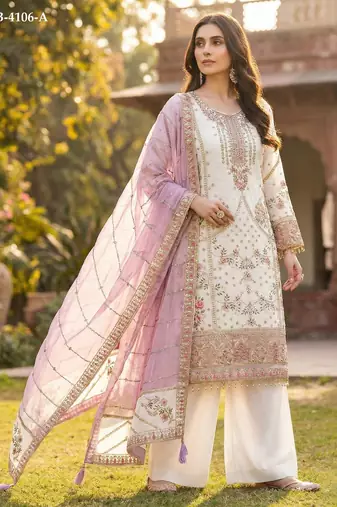 White fox georgette semi stitched suit with embroidery & khatli work