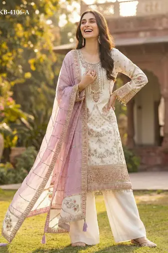White fox georgette semi stitched suit with embroidery & khatli work