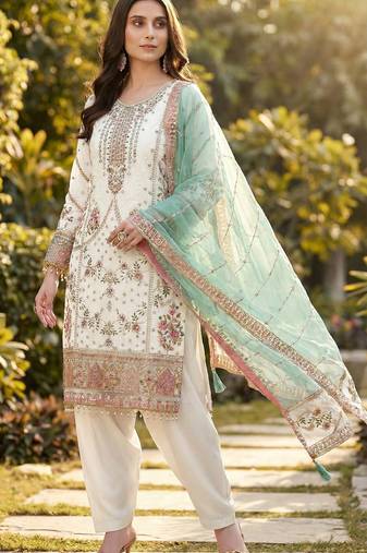 White fox georgette suit with embroidery & khatli work