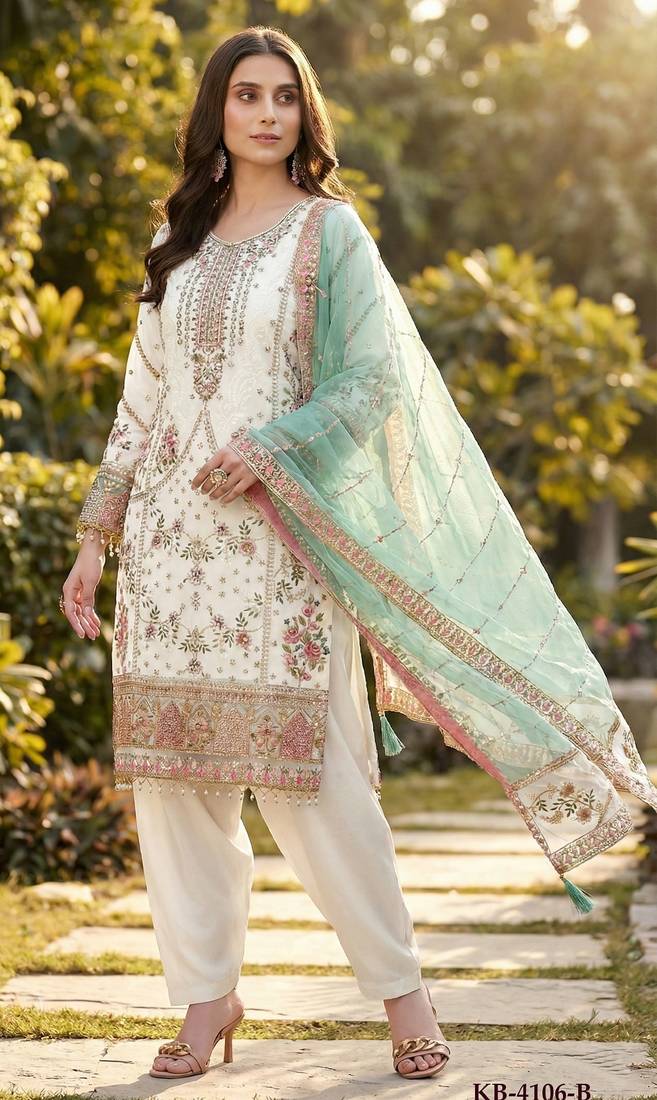 White fox georgette suit with embroidery & khatli work