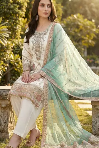 White fox georgette suit with embroidery & khatli work