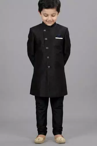Black festive wear designer art dupion silk boys-indo-western-dress