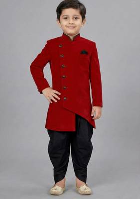 Maroon festive wear designer art dupion silk boys-indo-western-dress 3