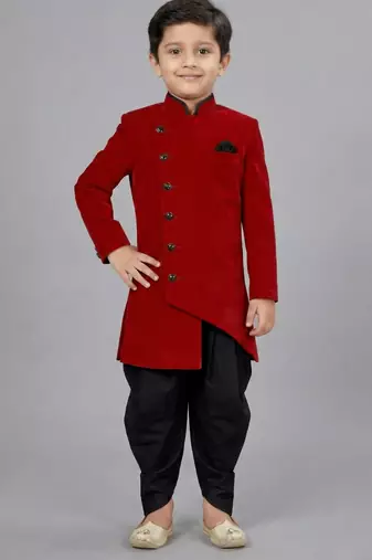 Maroon festive wear designer art dupion silk boys-indo-western-dress