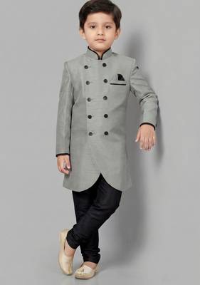 Grey festive wear designer art dupion silk blend boys-indo-western-dress 3