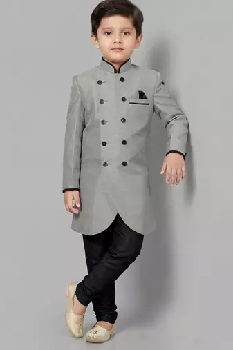 Grey festive wear designer art dupion silk boys-indo-western-dress