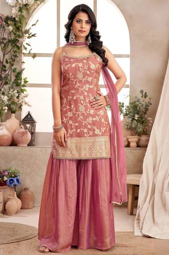 Womens Pink Color Banarasi Silk Kurta Sharara Set