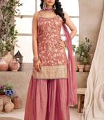 Womens Pink Color Banarasi Silk Kurta Sharara Set