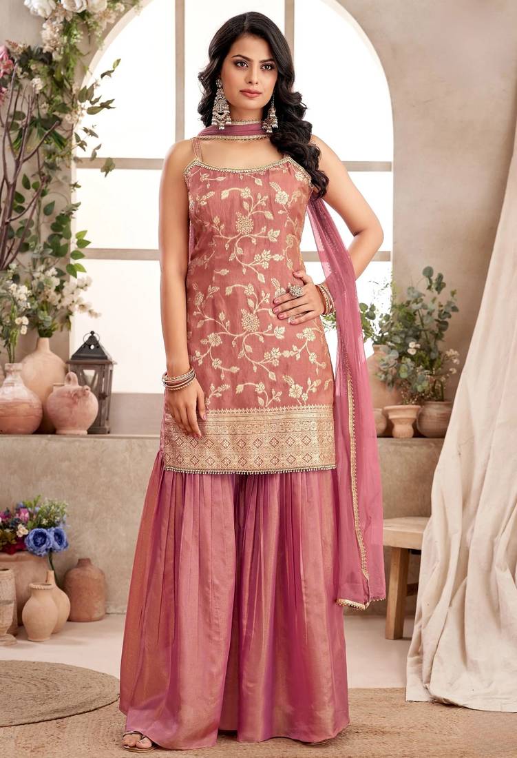 Womens Pink Color Banarasi Silk Kurta Sharara Set