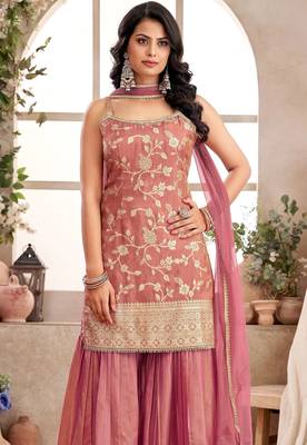 Womens Pink Color Banarasi Silk Kurta Sharara Set 2