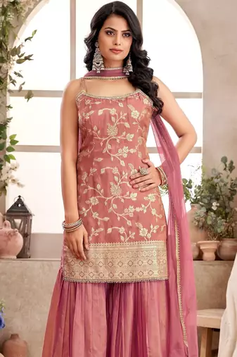Womens Pink Color Banarasi Silk Kurta Sharara Set