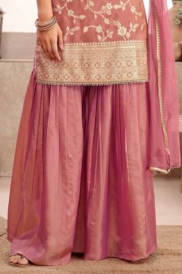 Womens Pink Color Banarasi Silk Kurta Sharara Set 3