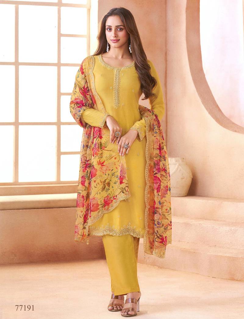 Yellow chiffon semi stitched suit with digiral printed & beats work