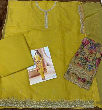 Yellow chiffon suit with digiral printed & beats  3