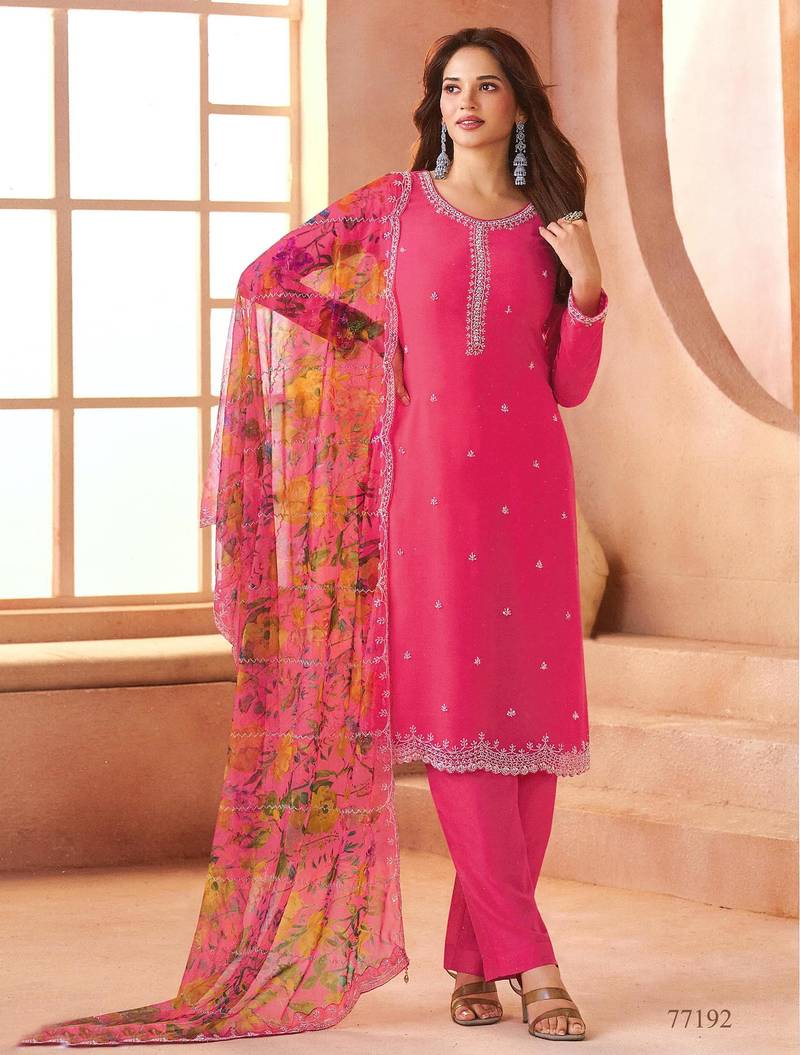Magenta chiffon suit with digiral printed & beats work
