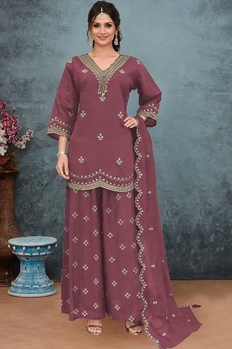 Purple roman silk stitched plazzo suit with embroidery & sequence work
