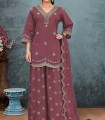 Purple roman silk stitched plazzo suit with embroidery & sequence work