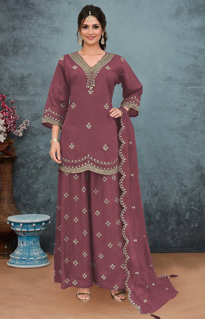 Purple roman silk stitched plazzo suit with embroidery & sequence work