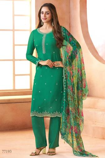 D green chiffon suit with digiral printed & beats work