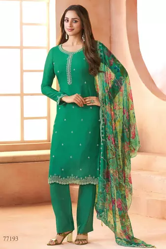 D green chiffon suit with digiral printed & beats work