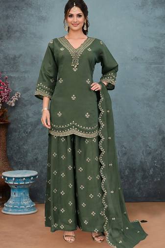 Green roman silk palazzo suit with embroidery & sequin work