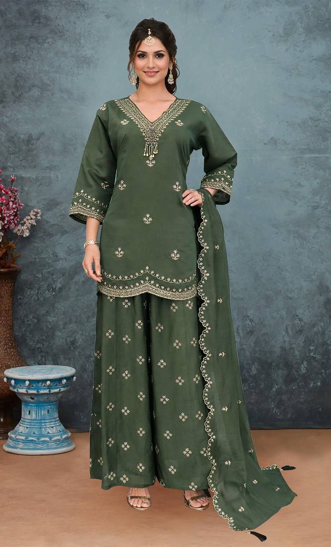 Green roman silk palazzo suit with embroidery & sequin work
