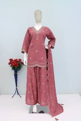 Purple roman silk stitched plazzo suit with embroidered sequin  2