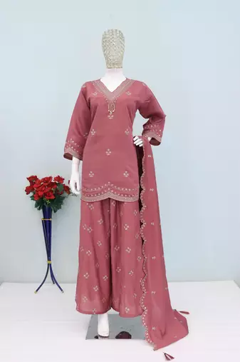 Purple roman silk stitched plazzo suit with embroidered sequin 
