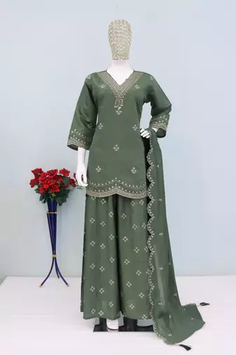 Green roman silk palazzo suit with embroidered sequin 