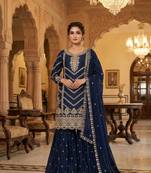 Navy chinon sharara suit with embroidery & sequin work