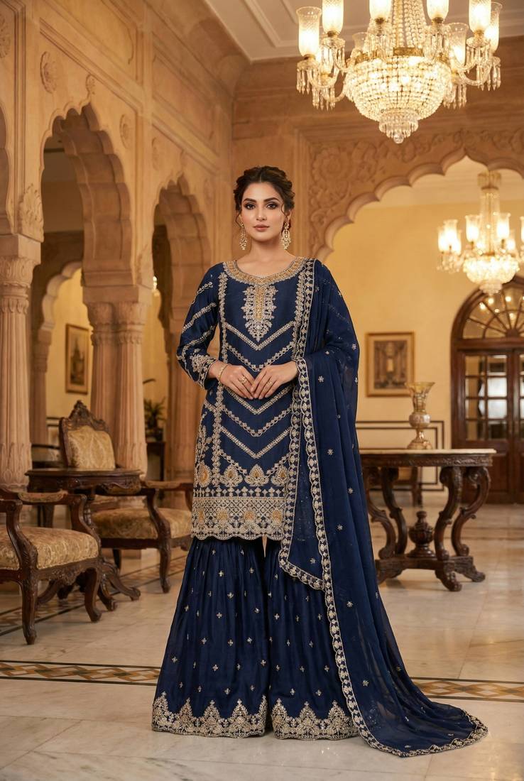 Navy chinon sharara suit with embroidery & sequin work