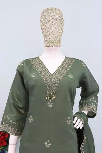 Green roman silk palazzo suit with embroidered sequin 