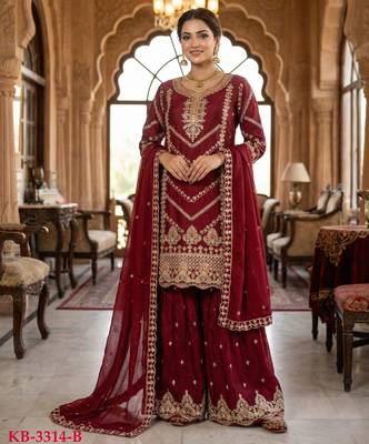Maroon chinon stitched sharara suit with embroidered sequin  1