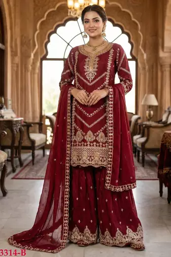 Maroon chinon stitched sharara suit with embroidery & sequence work