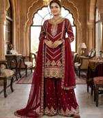Maroon chinon stitched sharara suit with embroidery & sequence work