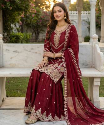 Maroon chinon stitched sharara suit with embroidered sequin  2