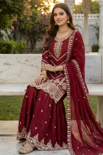 Maroon chinon stitched sharara suit with embroidered sequin 