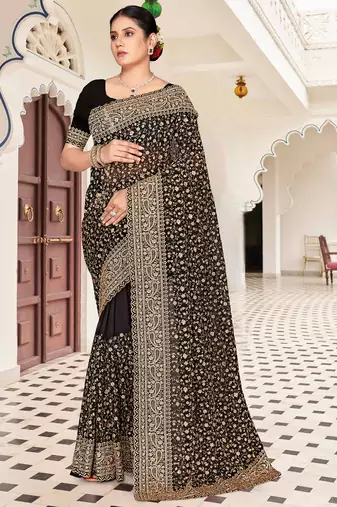 Black zarkan embroidered georgette designer saree for women