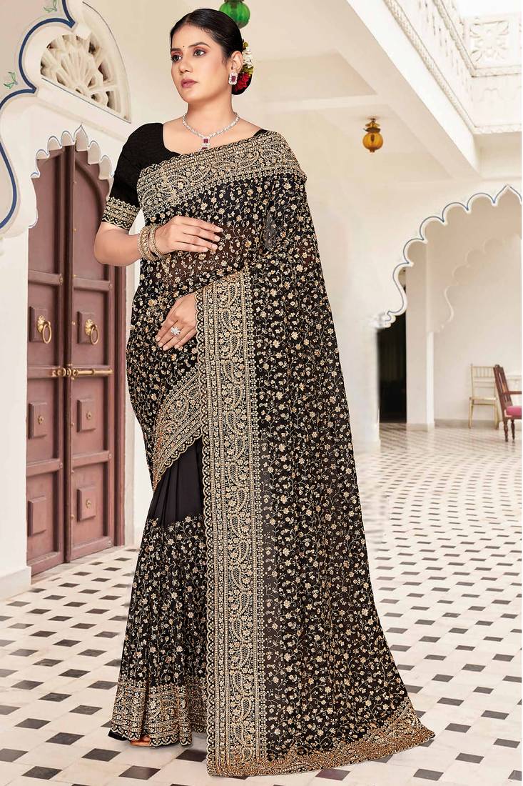 Black zarkan embroidered georgette designer saree for women