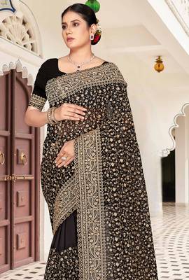 Black zarkan embroidered georgette designer saree for women 3
